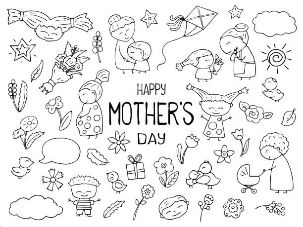 Happy Mother Day black white vector clipart. Mom and child outlined icon. Childish doodles with happy children vector art illustration