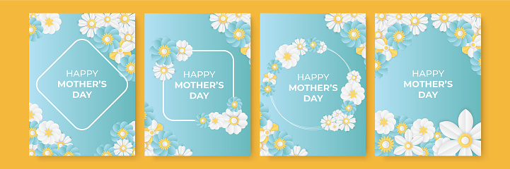 Happy Mother Day. Bright Gentle Hello Spring Paper cut style. Greeting Card with Blooming Flowers. Love You with Place for Your Text. Roses, Wildflowers, Summer Sale banner, social media post template