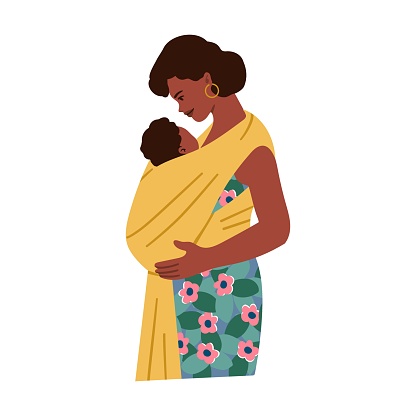 Happy mother with her child in a baby carrier. Vector hand drawn illustration. Isolated on white background.