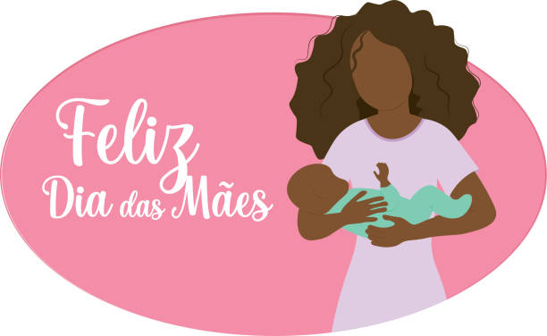Happy Mother's Day Banner in Brazilian Portuguese - Mother holding baby Happy Mother's Day Banner - Mother holding baby african american mothers day stock illustrations