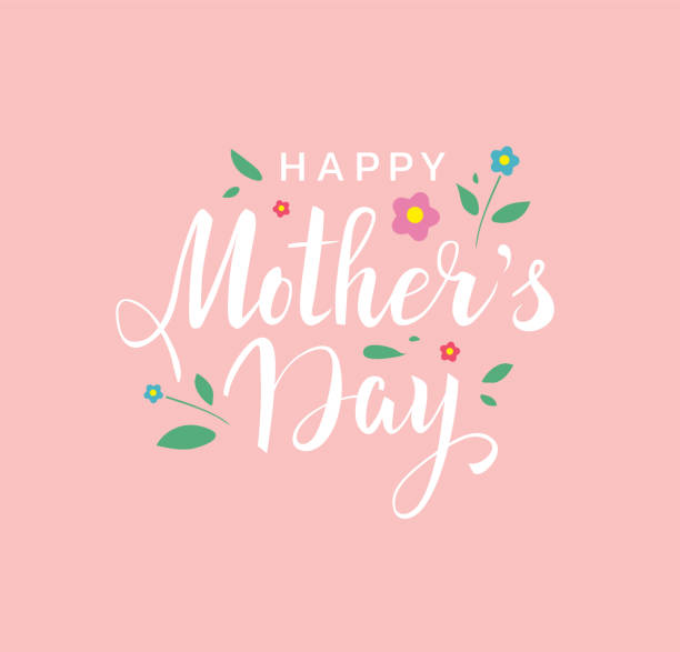 stockillustraties, clipart, cartoons en iconen met gelukkige moederdag mooie hand getrokken belettering voor groet met leuke kleine bloemen en bladeren op roze achtergrond. - vector - moederdag