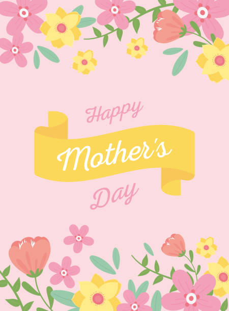 stockillustraties, clipart, cartoons en iconen met gelukkige moeders dag, kaart bloesem bloemen lint decoratie - ramos