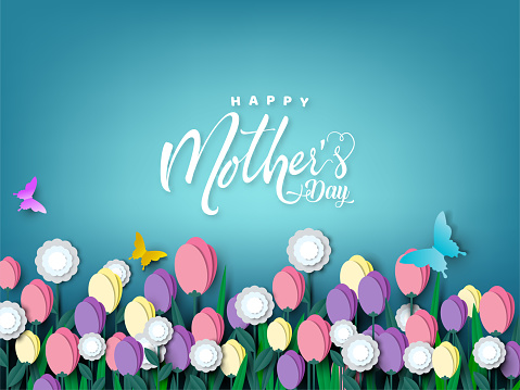 Happy Mother's day card, flower paper cut with butterfly on blue background, vector illustration.