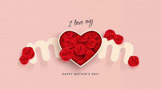 Happy Mothers Day design 3D inscription MOM heart flowers of red roses, vector
