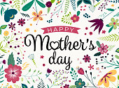 Happy Mothers Day. Elegant greeting card design with stylish text Mother's Day on colorful hand draw flowers decorated background