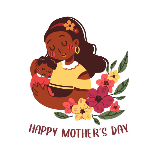Happy Mother's Day flat vector illustration on white background. Cute little daughter and mom smiling and hugging. Family time being together with floral decoration  african american mothers day stock illustrations