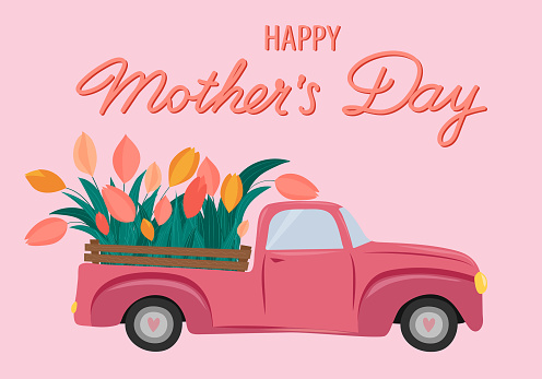 Happy Mother's Day greeting card. Pink Car with tulips in the back.