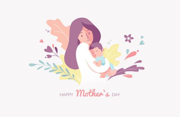 Happy Mother`s Day Greeting Card. Vector Illustration Of Mother Holding Baby Son In Arms. Happy Mother`s Day Greeting Card. mother silhouettes stock illustrations