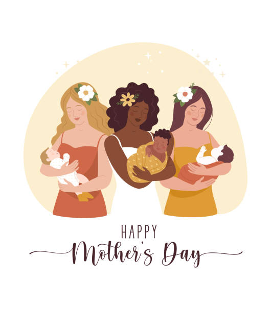 Happy Mother's Day greeting card. Vector illustration of three cartoon diverse young women with a babies in her arms. Calligraphic text. Minimalistic modern style. african american mothers day stock illustrations