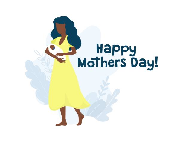 Happy mothers day greeting card with woman Happy mothers day greeting card with woman vector illustration. Afro american female holding newborn flat style. International holiday concept. Isolated on white background african american mothers day stock illustrations