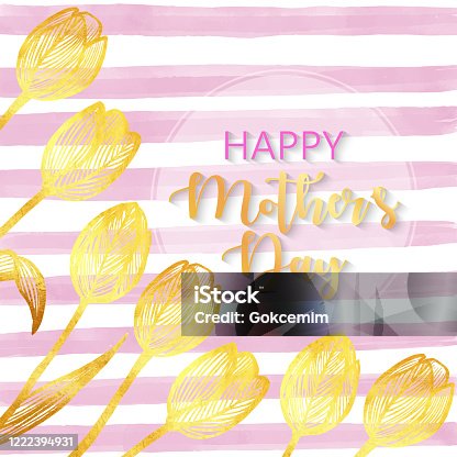 istock Happy Mother's Day, Hand Drawn Gold Tulip Bouquet Greeting Card Background. Hand Painted Clip Art Design Element for Labels, Business Cards, Flyers, Wedding Invitation Card. 1222394931