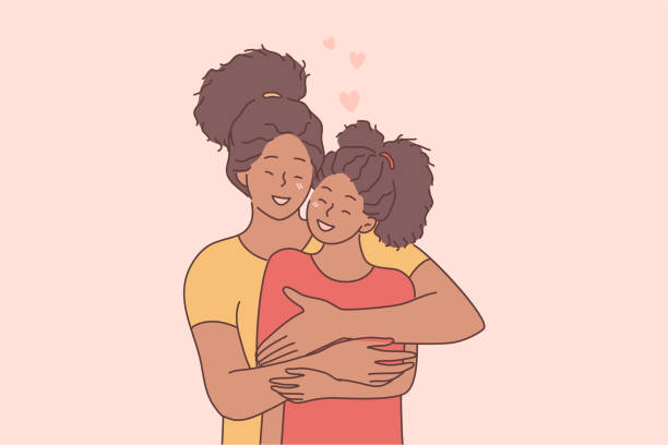 Happy mothers day holiday celebration, love between mother and daughter concept Happy mothers day holiday celebration, love between mother and daughter concept. Young afro american mother cartoon character embracing and having fun together with with cute little daughter african american mothers day stock illustrations
