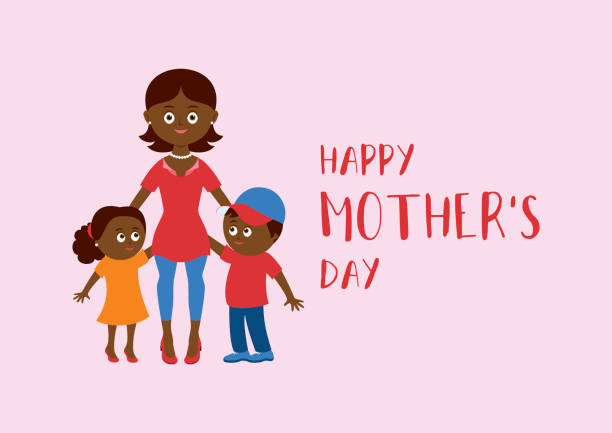 Happy Mother's Day lettering with african american mom and children vector  african american mothers day stock illustrations