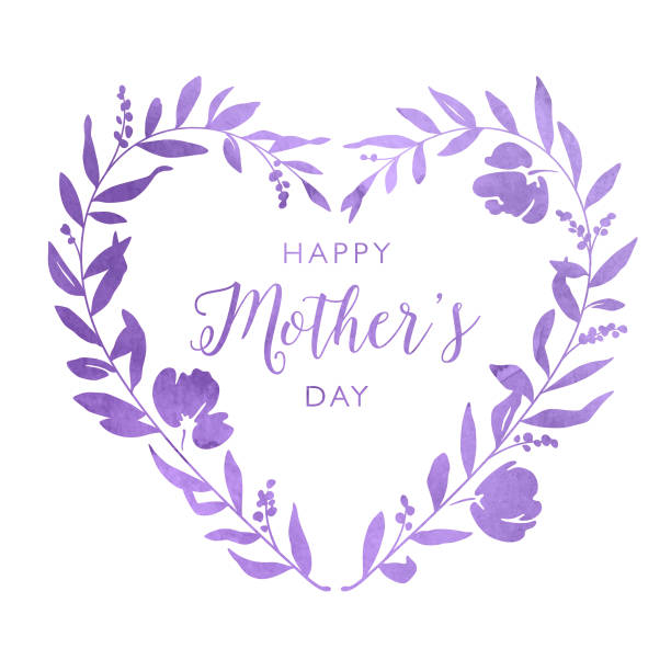 Happy Mother's Day Ornate Watercolour Heart Floral Wreath This purple watercolour heart floral wreath vector includes a 'Happy Mother's Day' message and can be scaled to any size without loss of quality. The detailed painted heart shape includes flower petals, leaves, branches and berries and has been isolated on a white background. The EPS 10 file can easily be coloured and customised to suit your needs and is an ideal design for your Mother's Day card or project. pregnant borders stock illustrations