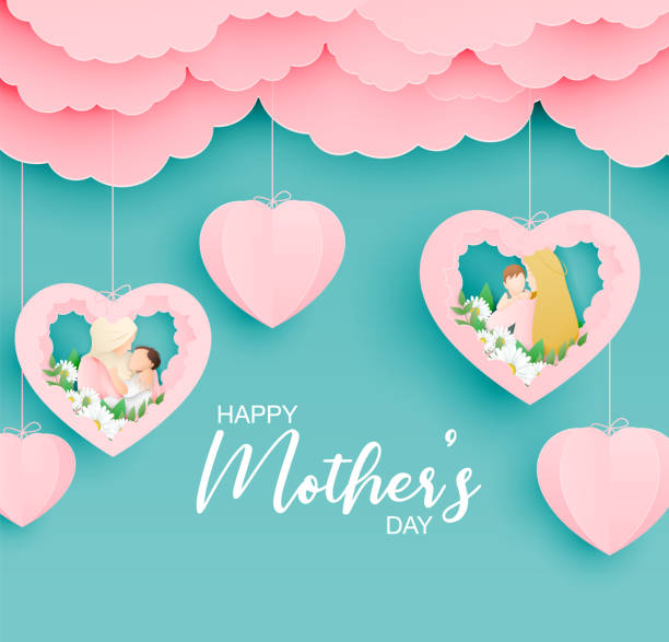 Happy Mother's day poster or banner with mother hug her baby in paper cut style. Shopping promotion template for mother's day. Digital craft paper art. Happy Mother's day poster or banner with mother hug her baby in paper cut style. Shopping promotion template for mother's day. Digital craft paper art. mothers day background stock illustrations