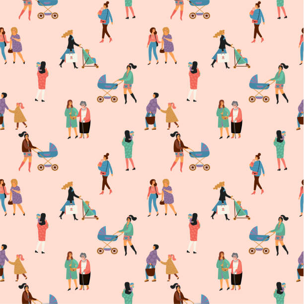 Happy Mothers Day. Vector seamless pattern with women and children. Happy Mothers Day. Vector seamless pattern with women and children. Design element for card, poster, banner, and other use. mother patterns stock illustrations
