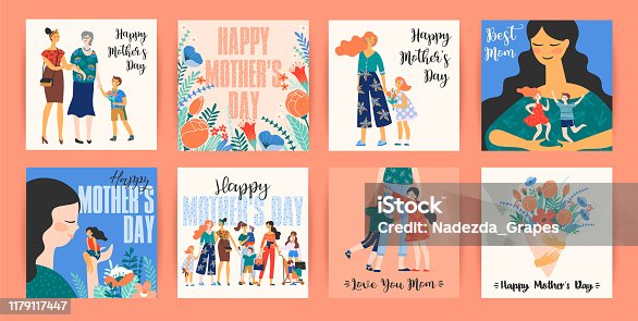 istock Happy Mothers Day. Vector templates with women and children. 1179117447