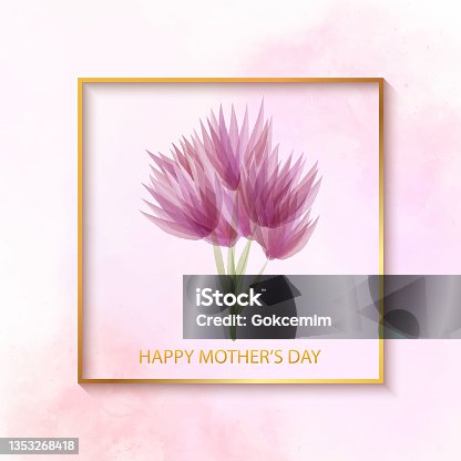istock Happy Mother's Day, Watercolor Multicolored Fresh Bloosoms Design for Greeting Cards, Advertising, Banners, Leaflets and Flyers. Floral Frame. Delicate Bouquet with Purple and Pink Flowers Arranged to Form a Cheerful Frame for Greeting Cards and Designs. 1353268418