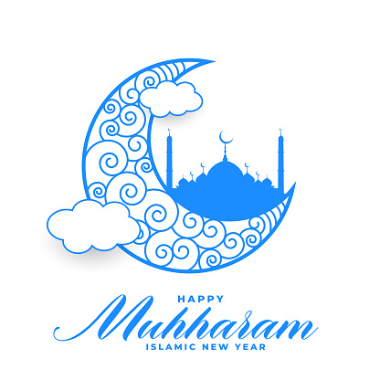 happy muharram card with moon and clouds