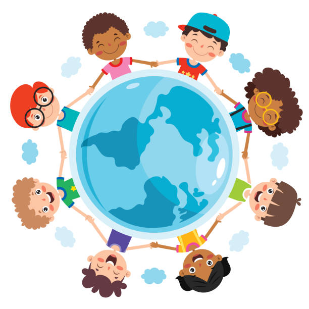 ilustrações de stock, clip art, desenhos animados e ícones de happy multi ethnic kids playing together - friends color background
