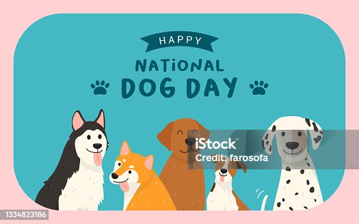 istock Happy National Dog Day greeting card vector design. Cute cartoon dogs on blue background 1334823186