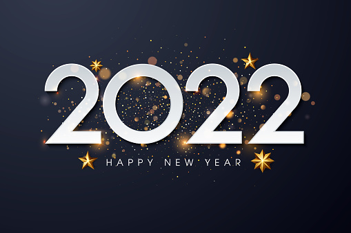 Happy New 2022 Year. Holiday vector illustration of golden metallic numbers 2022 and sparkling glitters pattern. Holiday greetings.