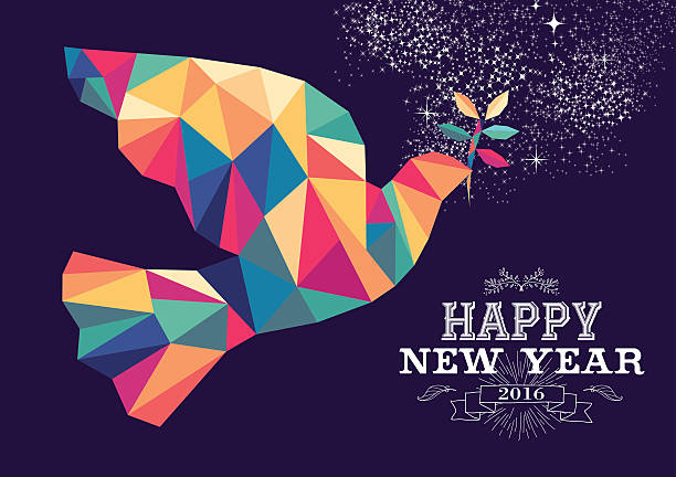 Happy new year 2016 dove triangle hipster color Happy new year 2016 greeting card or poster design with colorful triangle peace dove and vintage label illustration. EPS10 vector.. happy new year card 2016 stock illustrations