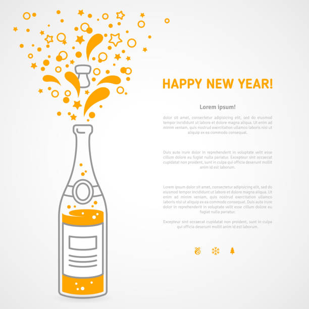 Happy new year 2016 greeting card with flat champagne  bottle Happy new year 2016 greeting card or poster design with minimalistic line flat champagne explosion bottle and place for your text message. Vector illustration. Starts and particles foam splash. happy new year card 2016 stock illustrations