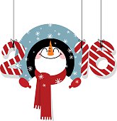 Happy snowman and new year 2016 numbers for a Christmas card