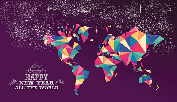 Happy new year 2016 world triangle hipster color Happy new year around the world 2016 worldwide greeting card or poster design with colorful triangle globe map and vintage label illustration. EPS10 vector. happy new year card 2016 stock illustrations