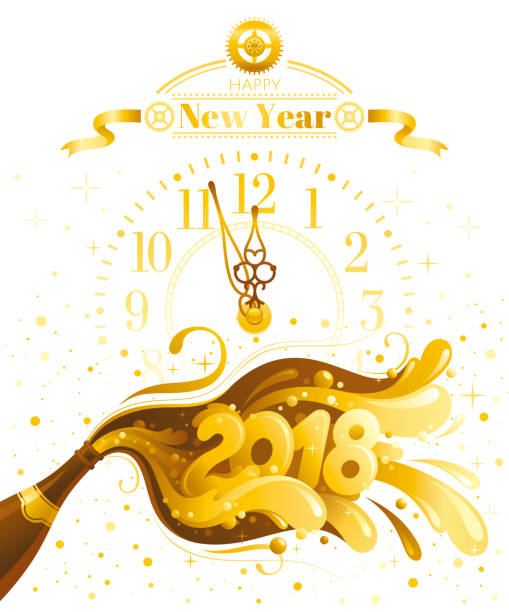 Happy New Year 2018 vector banner, clock dial, sparkling champagne wine bottle, bubbles. Alcohol drink concept illustration. Isolated white background. Swirl pattern design. Elegant text Happy New Year 2018 vector banner, clock dial, sparkling champagne wine bottle, bubbles. Alcohol drink concept illustration. Isolated white background. Swirl pattern design. Elegant text happy new year golden balloons with champagne stock illustrations
