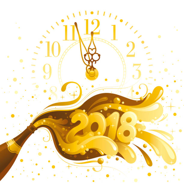 Happy New Year 2018 vector banner, clock dial, sparkling champagne wine bottle, bubbles. Alcohol drink concept illustration. Isolated white background. Swirl pattern design. Elegant text Happy New Year 2018 vector banner, clock dial, sparkling champagne wine bottle, bubbles. Alcohol drink concept illustration. Isolated white background. Swirl pattern design. Elegant text happy new year golden balloons with champagne stock illustrations