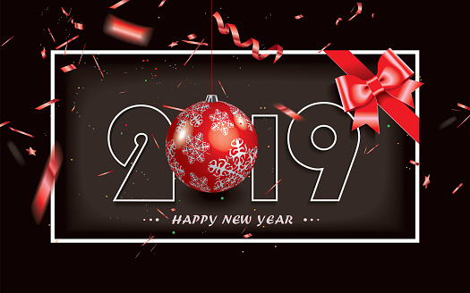 Happy New Year 2019 background with red gift bow,Christmas decoration and defocused transparent red confetti