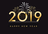Vector illustration of a Happy New Year 2019 greeting card banner design in gold and glitter with text. Easy to edit with layers. Golden glitter colors.