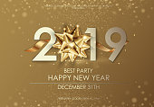 Happy New Year 2019 winter holiday greeting card design template. Party poster, banner or invitation gold glittering stars confetti glitter decoration. Vector background with golden gift bow