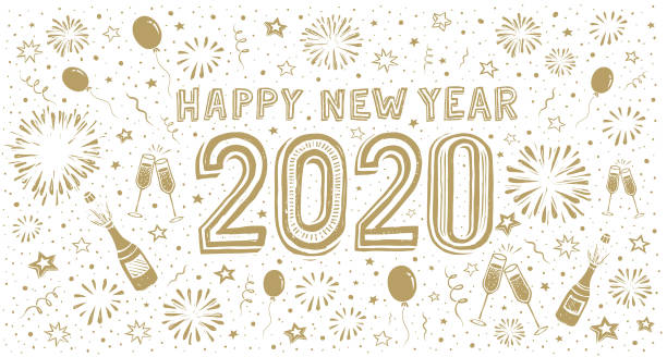 Happy new year 2020. Doodle new year's eve greeting card New Year's card with fireworks. You can edit the colors or sizes easily if you have Adobe Illustrator or other vector software. All shapes are vector happy new year golden balloons with champagne stock illustrations
