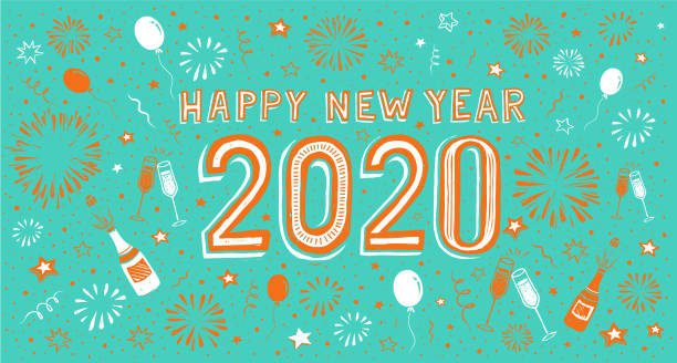 Happy new year 2020. Doodle new year's eve greeting card New Year's card with fireworks. You can edit the colors or sizes easily if you have Adobe Illustrator or other vector software. All shapes are vector happy new year golden balloons with champagne stock illustrations