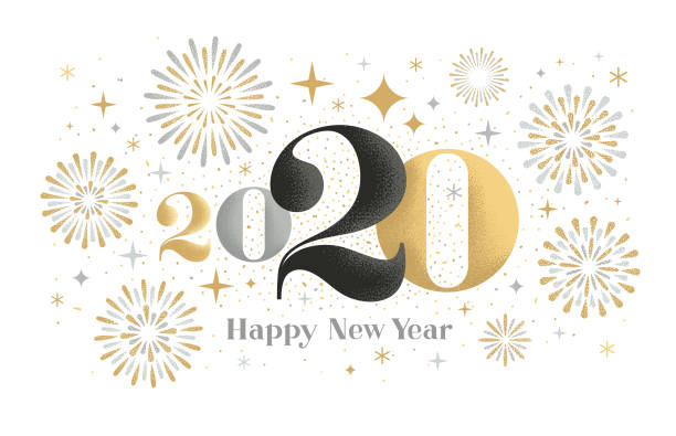 ilustrações de stock, clip art, desenhos animados e ícones de happy new year 2020 greeting card with fireworks - fogo de artifício dourado