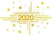 Happy New Year 2020 in different languages greeting card concept