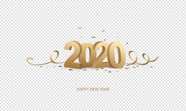 Happy New Year 2020 Happy New Year 2020. Golden 3D numbers with ribbons and confetti on a transparent background. 2020 stock illustrations