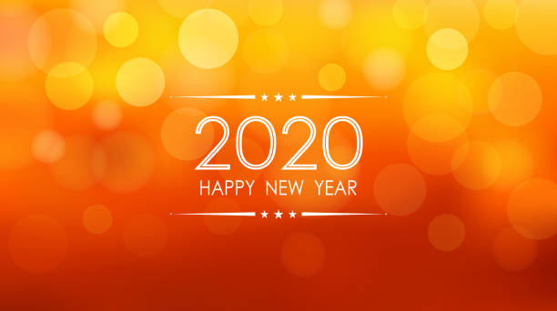 ilustrações de stock, clip art, desenhos animados e ícones de happy new year 2020 with bokeh and lens flare pattern on summer orange color background - laranja