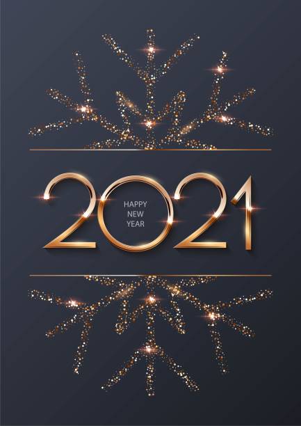 Happy new year 2021 background with gold frame and snowflake. Shining with sparkles numbers and border Christmas card. Greeting festive vector illustration. Merry holiday modern poster design Happy new year 2021 background with gold frame and snowflake. Shining with sparkles numbers and border Christmas card. Greeting festive vector illustration. Merry holiday modern poster design. happy new year 2021 stock illustrations