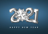Happy New Year 2021 cover. Silver helium balloon numbers 2021 and bow on blue background. Vector illustration.