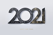 Happy New Year 2021 design. Modern 2021 glittering black and gold numbers isolated on white background. Holiday decoration, seasonal flyers, greetings and invitations, christmas themed and cards.