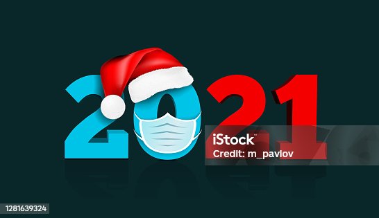 istock Happy New Year 2021. Figures under the hat of Santa Claus and medial face mask. Vector illustration 1281639324
