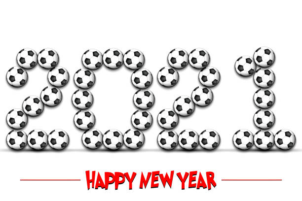 Happy New Year. 2021 made from soccer balls Happy New Year. 2021 numbers made from soccer balls. Design pattern for greeting card, banner, poster, flyer, party invitation, calendar. Vector illustration background of a classic black white soccer ball stock illustrations