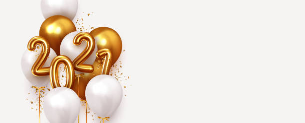 ilustraciones, imágenes clip art, dibujos animados e iconos de stock de feliz año nuevo 2021. globos realistas de oro y blanco. los números metálicos de diseño de fondo fecha 2021 y el balón de helio en la cinta, confeti brillante brillante brillante. ilustración vectorial - new years