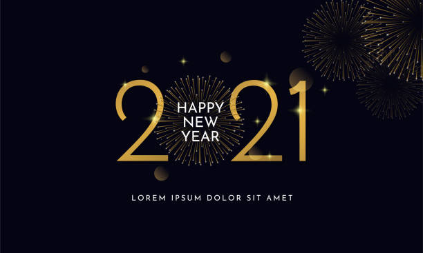mutlu yıllar 2021 tipografi metin kutlama sosyal medya afiş vektör tasarımı. koyu gökyüzü arka plan üzerinde havai fişek patlama ile profesyonel zarif altın özelleştirilmiş numarası. - happy new year stock illustrations