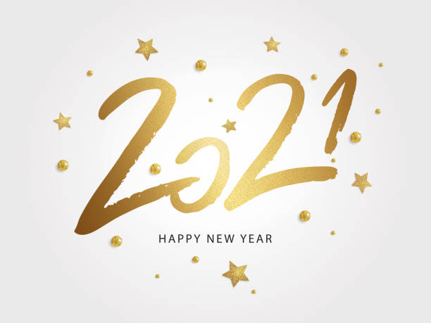 Happy New Year 2021 vector holiday illustration Happy New Year 2021. Vector holiday illustration with 2021  text design, sparkling confetti and shining golden stars on white background. new year stock illustrations