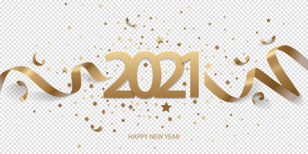 Happy New Year 2021 Happy New Year 2021. Golden numbers with ribbons and confetti on a transparent background. happy new year stock illustrations